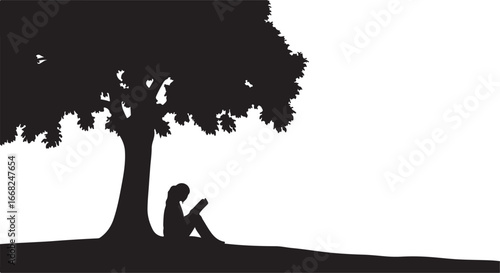 Girl reading a book under a tree. in silhouette white background.