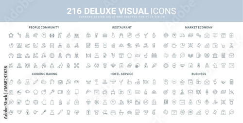 Market economy and finance charts, hotel and restaurant, cooking and baking tools, community line icon set. Business portfolio, assets and income growing thin black outline symbols vector illustration