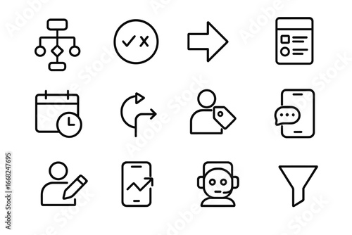 Mobile Marketing Icons. Outline icon set of mobile marketing automation: workflow chart, condition icon,