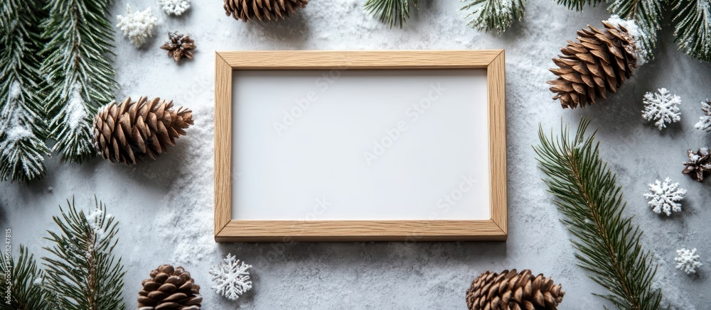 Obraz premium Empty Wooden Frame Surrounded by Snowy Pine Branches and Pine Cones
