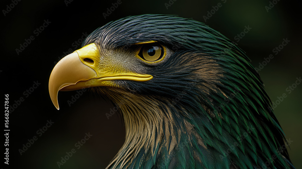 Obraz premium Striking close-up profile of majestic eagle, showcasing its piercing yellow eye, vibrant golden beak, and intricate dark green and black plumage against blurred, deep forest background.