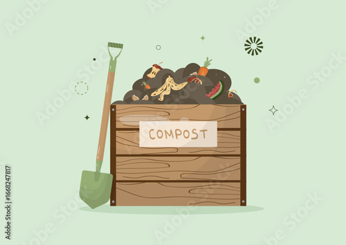 Wooden compost bin with organic waste and garden spade on green background with decorative elements.  Waste management. Sustainable living. Sustainable practices. Recycling concept.Vector illustration