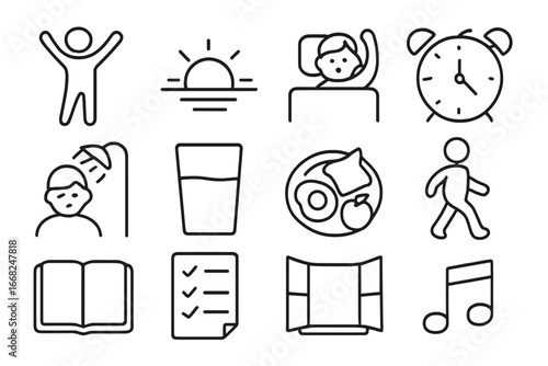 Morning Routines Icons. Outline icon set of good morning routines: stretching, sunrise light, wake-up icon,