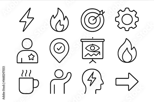 Motivation Icons Grid. Outline vector icons of self-motivation and drive: energy spark, internal fire, focus