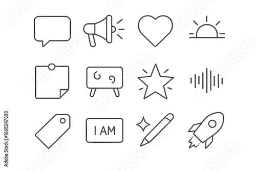 Motivation Icon Set. Outline icon set of affirmations and motivation: speech bubble, megaphone, heart talk,