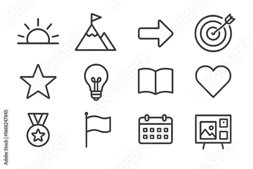 Motivational Icons Grid. Outline icon set of motivational themes: sunrise, mountain peak, arrow, target icon,