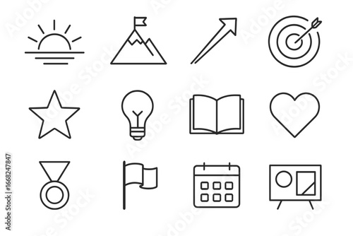 Motivational Icons Grid. Outline icon set of motivational themes: sunrise, mountain peak, arrow, target icon,