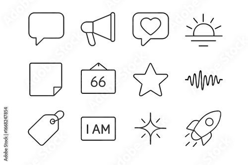 Motivation Icon Set. Outline icon set of affirmations and motivation: speech bubble, megaphone, heart talk,