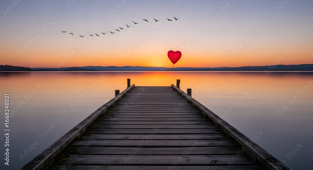 Fototapeta premium Romantic Heart Balloon at Sunset Over Lake with Pier and Flying Birds