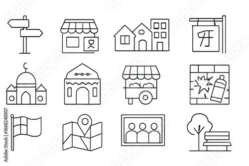 Multicultural Neighborhood Icons. Outline vector icons of multicultural neighborhoods: street signs, local