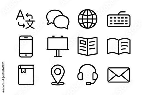Multilingual Advertising Icons. Outline icon set of multilingual advertising: translation icon, speech bubbles