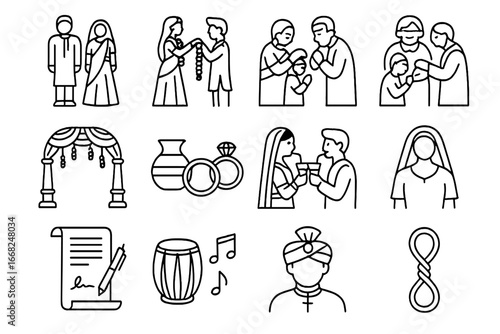 Multicultural Wedding Icons. Outline icon set of multicultural weddings: ceremonial attire, garland exchange,