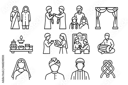 Multicultural Wedding Icons. Outline icon set of multicultural weddings: ceremonial attire, garland exchange,