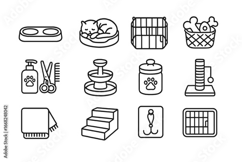Multi-Pet Home Icons. Outline icon set of multi-pet home solutions: double feeding station, shared bed,