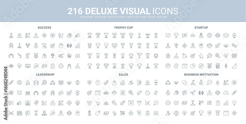 Business motivation, strategy of success sales and startup planning line icon set. Leadership and organizational skills of leader, winners mindset thin black outline symbols vector illustration