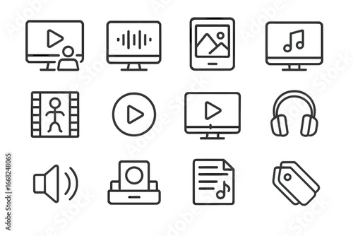 Multimedia Icon Collection. Outline icon set of multimedia content in digital libraries: video tutorial, audio