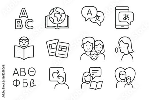 Multilingual Parenting Icons. Outline icon set of multilingual parenting: ABC icon, globe book, dual language