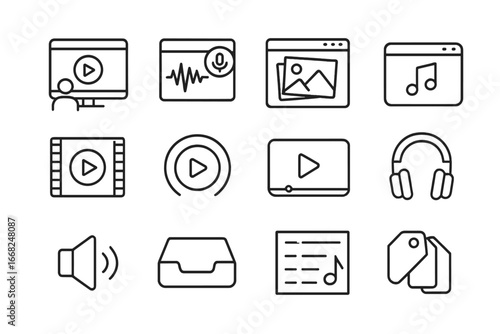 Multimedia Icon Collection. Outline icon set of multimedia content in digital libraries: video tutorial, audio