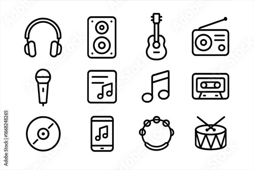 Music Icons Grid. Outline icon set of music for the road: headphones, speaker, guitar, radio, microphone,