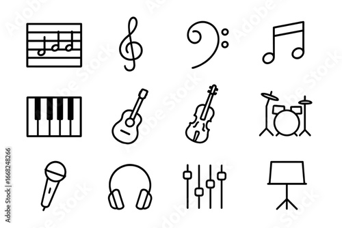 Music Icon Grid. Outline icon set of music sections and their influence on creativity: sheet music, treble
