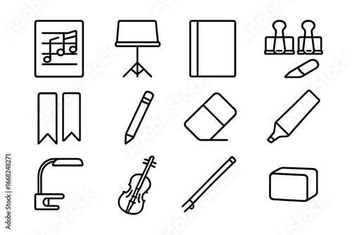 Music Sheet Icons. Outline icon set of music sheet organization: sheet music, music stand, binder, page clips,