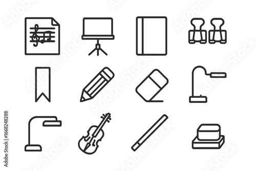 Music Sheet Icons. Outline icon set of music sheet organization: sheet music, music stand, binder, page clips,