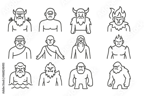 Mythical Giants Icons. Outline icon set of giants and titans from myths: frost giant, cyclops, jötunn, oni,