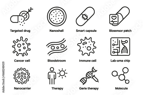 Nanomedicine Icon Set. Outline icon set of nanomedicine: targeted drug delivery, nanoshell, smart capsule,