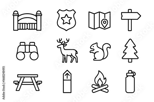 National Park Icon Set. Outline icon set of national park tours: park gate, ranger badge, map, wooden sign,