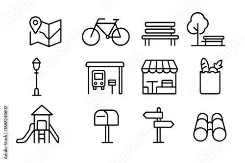 Neighborhood Exploration Icons. Outline icon set of neighborhood exploration after moving: map, bicycle, park