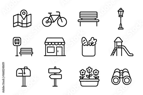 Neighborhood Exploration Icons. Outline icon set of neighborhood exploration after moving: map, bicycle, park