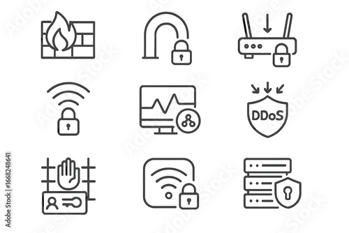 Network Security Icons. Outline icon set of network security tools: firewall icon, VPN tunnel, secure router,