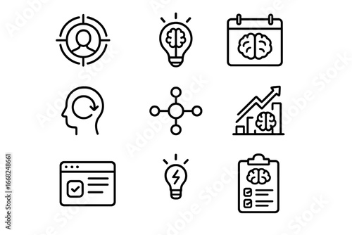 Neural Productivity Icons. Outline icon set of neuro-enhanced productivity: focus ring, creativity boost,