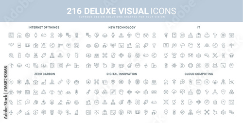 Smart data, digital technology and innovation development process, IoT line icon set. Net zero and carbon neutral, cloud computing and server hardware thin black outline symbols vector illustration