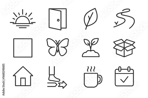 New Beginnings Icons. Outline icon set of new beginnings: sunrise icon, open door, fresh leaf, path forward,