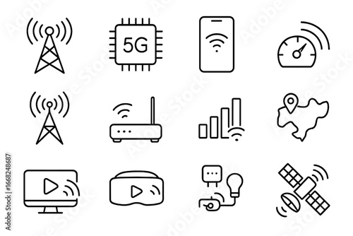 5G Network Icons. Outline icon set of 5G network: signal tower, 5G chip, smartphone, data speed, base station,