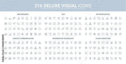 Information technology, new business startup development and SEO ideas, cloud computing line icon set. Digital network protection and activation settings thin black outline symbols vector illustration