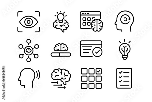Neural Productivity Icons. Outline icon set of neuro-enhanced productivity: focus ring, creativity boost,