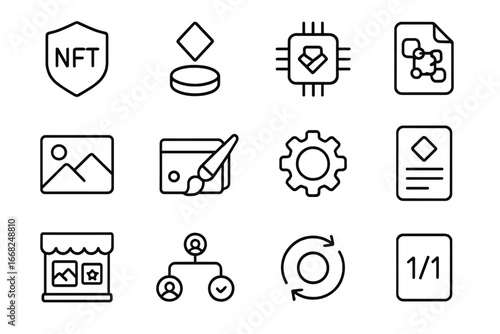 NFT Icon Set. Outline icon set of NFTs and digital collectibles: NFT badge, rare asset, metadata chip,