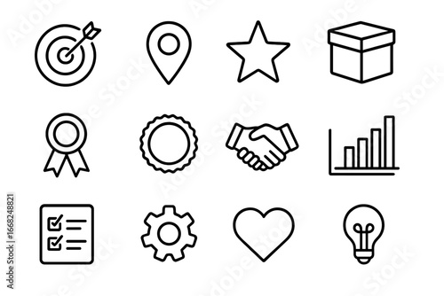 Niche Product Icon Set. Outline icon set of niche product targeting: target, map pin, star, product box,
