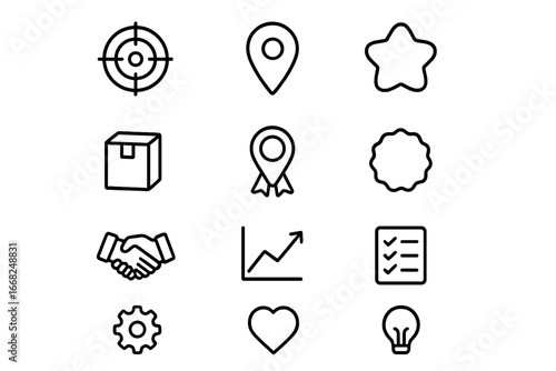 Niche Product Icon Set. Outline icon set of niche product targeting: target, map pin, star, product box,