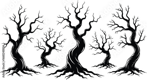 Haunted Tree Silhouette Vector, Spooky Dead Forest Illustration.