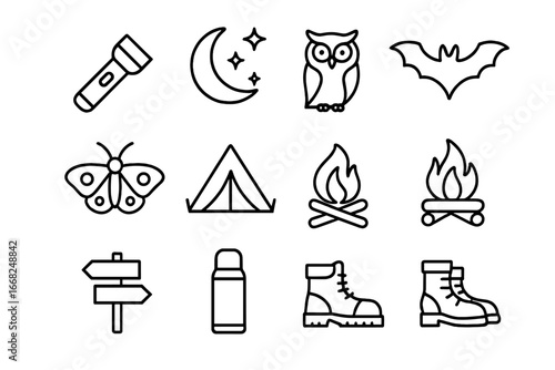 Night Nature Icons. Outline icon set of night nature walks: flashlight, moon, stars, owl, bat, moth, tent,