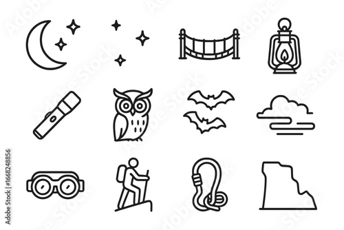 Night Adventure Icons. Outline icon set of night crossing rope bridges: moon, stars, rope bridge, lantern