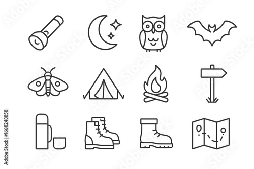 Night Nature Icons. Outline icon set of night nature walks: flashlight, moon, stars, owl, bat, moth, tent,