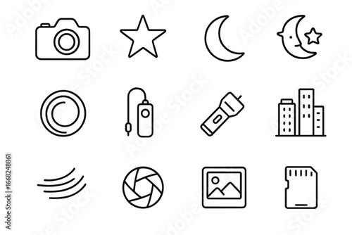 Night Photography Icons. Outline icon set of night photography: camera, tripod, star, moon, long exposure,