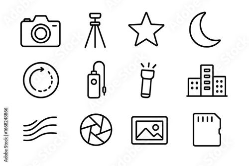 Night Photography Icons. Outline icon set of night photography: camera, tripod, star, moon, long exposure,