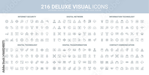 Digital transformation with AI services, development of information technology line icon set. Cybersecurity software, connection and network operation thin black outline symbols vector illustration