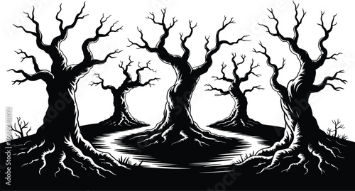 Spooky Bare Trees Clipart, Haunted Forest Silhouette Vector Design.