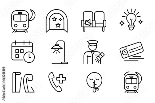 Night Subway Icons. Outline icon set of night subway services: night train icon, starry tunnel, quiet coach,